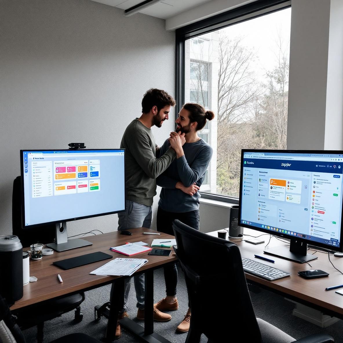 A side-by-side comparison of Airtable and Zapier in a modern office setting, with screens showcasing their respective interfaces, while a person studies the differences between the two automation tools.