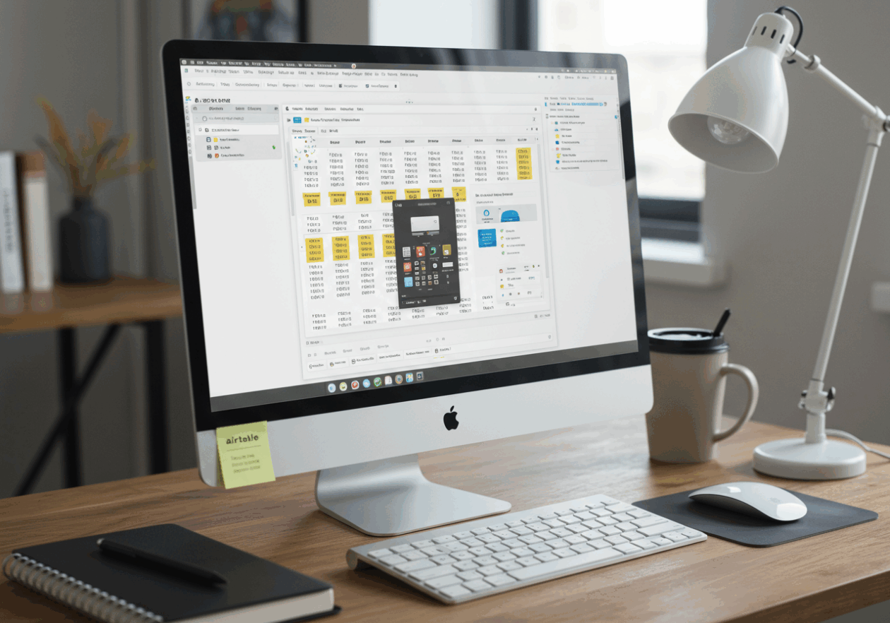 A detailed depiction of a computer screen showing an Airtable grid view with visible filters applied, illustrating how to quickly locate data. The scene is set on a modern desk with a keyboard and mouse, complemented by a cozy background featuring a planner and coffee cup.