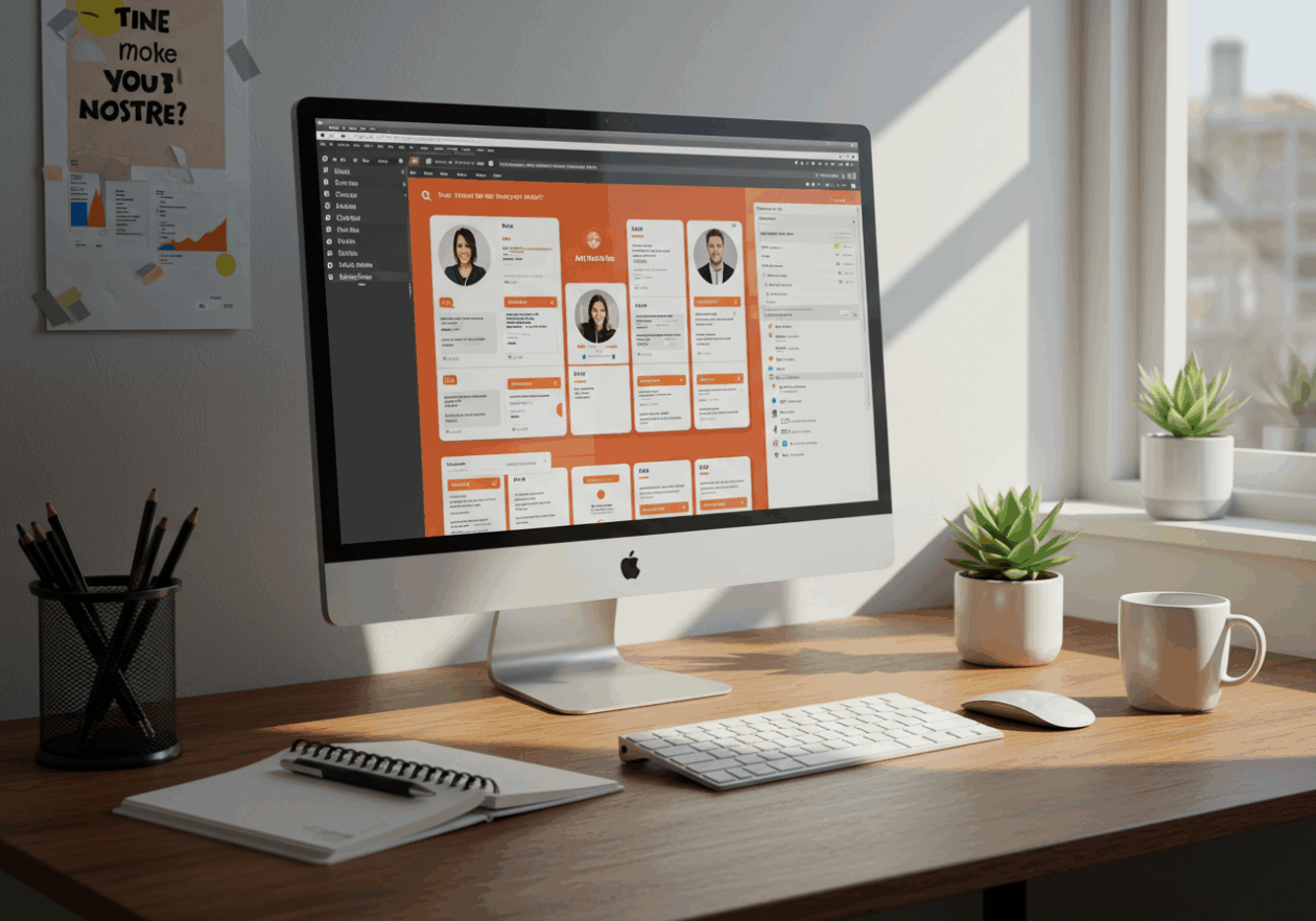 A modern office desk with a computer displaying the Airtable project portal, showcasing colorful task cards for project management. The workspace includes a notebook, a pen, a coffee mug, and a plant, all illuminated by natural sunlight coming from the window, creating a warm and inviting atmosphere.