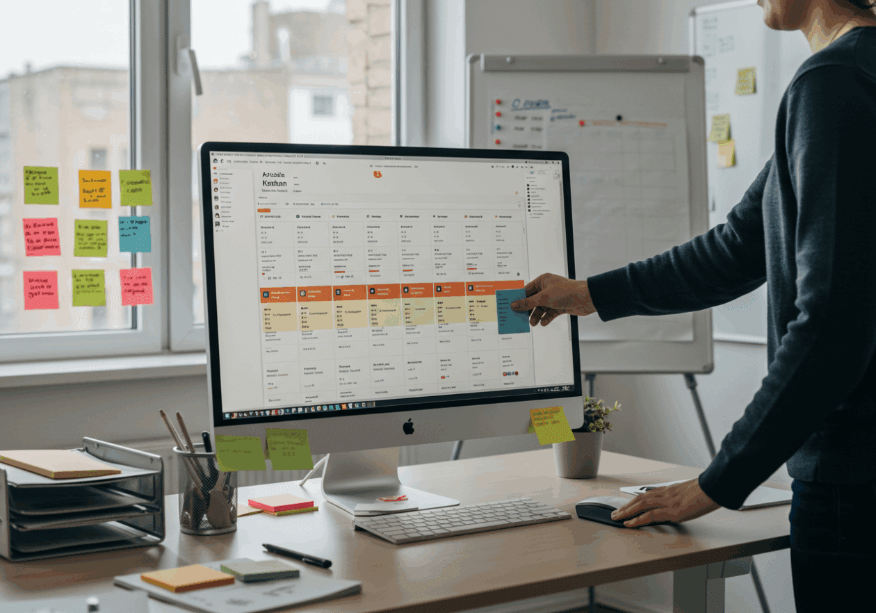 An office scene with a standing desk and a computer screen showcasing the Airtable Kanban view, where a person is seen moving a task card among colorful columns representing different stages of a project. The workspace is bright with natural light, and sticky notes and a whiteboard add to the productive environment.