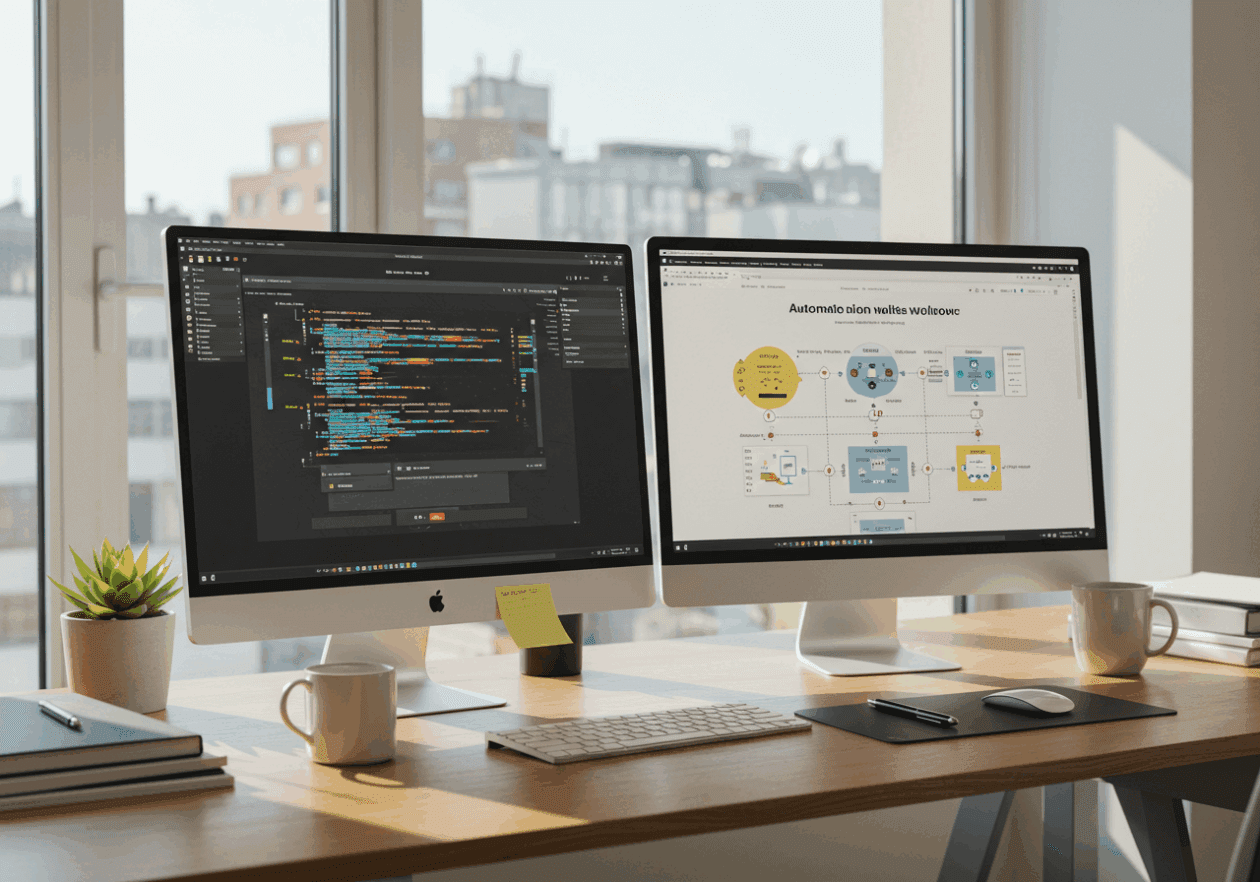 A modern office workspace with two computer screens. The left screen displays the Airtable interface with a script block, and the right screen shows the Automation Block interface with automated workflows. The desk is organized with various items, and a window in the background showcases a sunny urban view.