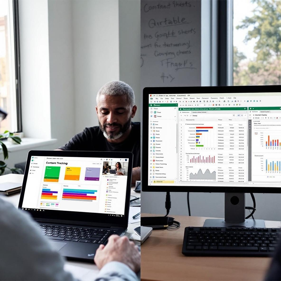 A modern office scene with two team members. The left side shows one person working on a laptop with Airtable open, featuring colorful tables. The right side displays another person at a desktop computer using Google Sheets, with visible rows of data and charts. A whiteboard with notes is in the background and sunlight streams through a window.