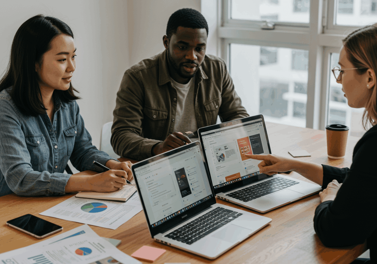 In a modern office, a diverse group of team members collaborates around a table with laptops showing Airtable and Google Sheets. One woman gestures towards her screen, while a man takes notes, and a second woman navigates Airtable, highlighting their teamwork in data management.