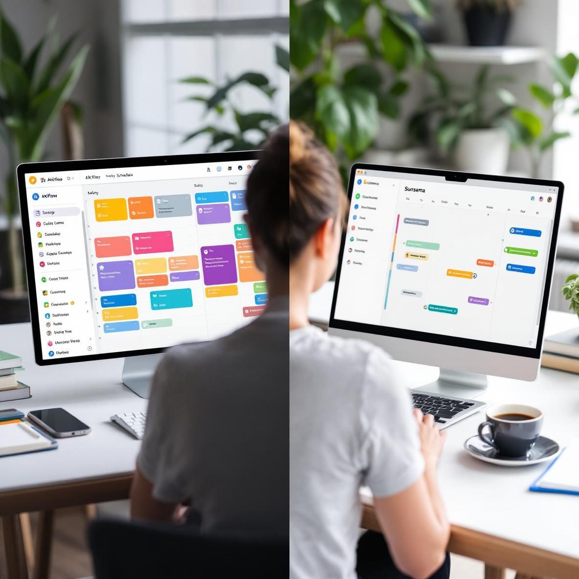 A split-screen comparison of Akiflow and Sunsama productivity schedulers on a desk in a home office, with a person focused on a laptop surrounded by coffee and notes.