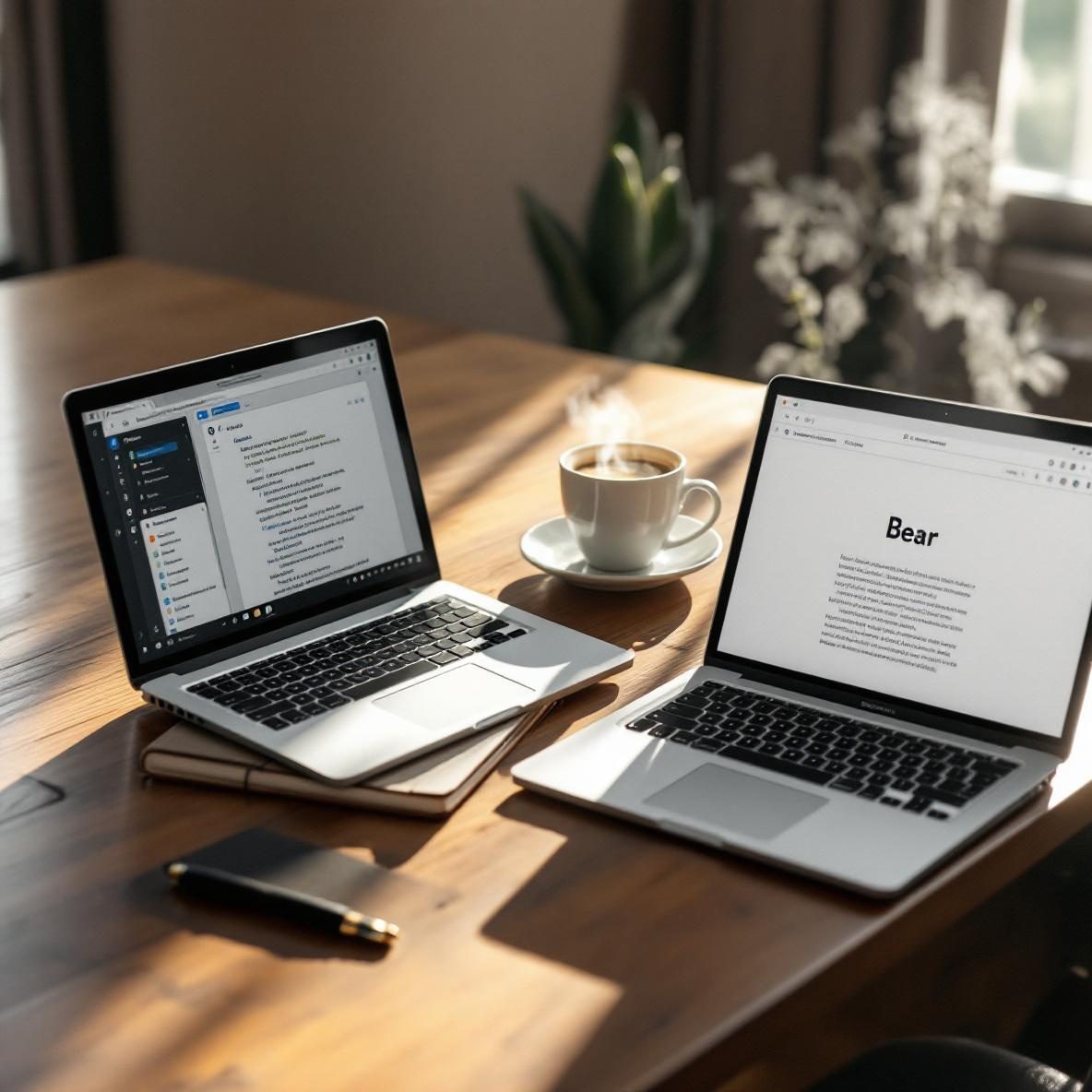 A modern home office with two laptops side by side on a wooden desk. One laptop shows the Amplenote interface with colorful tags, while the other displays the minimalist design of the Bear app. A notepad, pen, and a steaming cup of coffee are also visible, with sunlight streaming through a window.