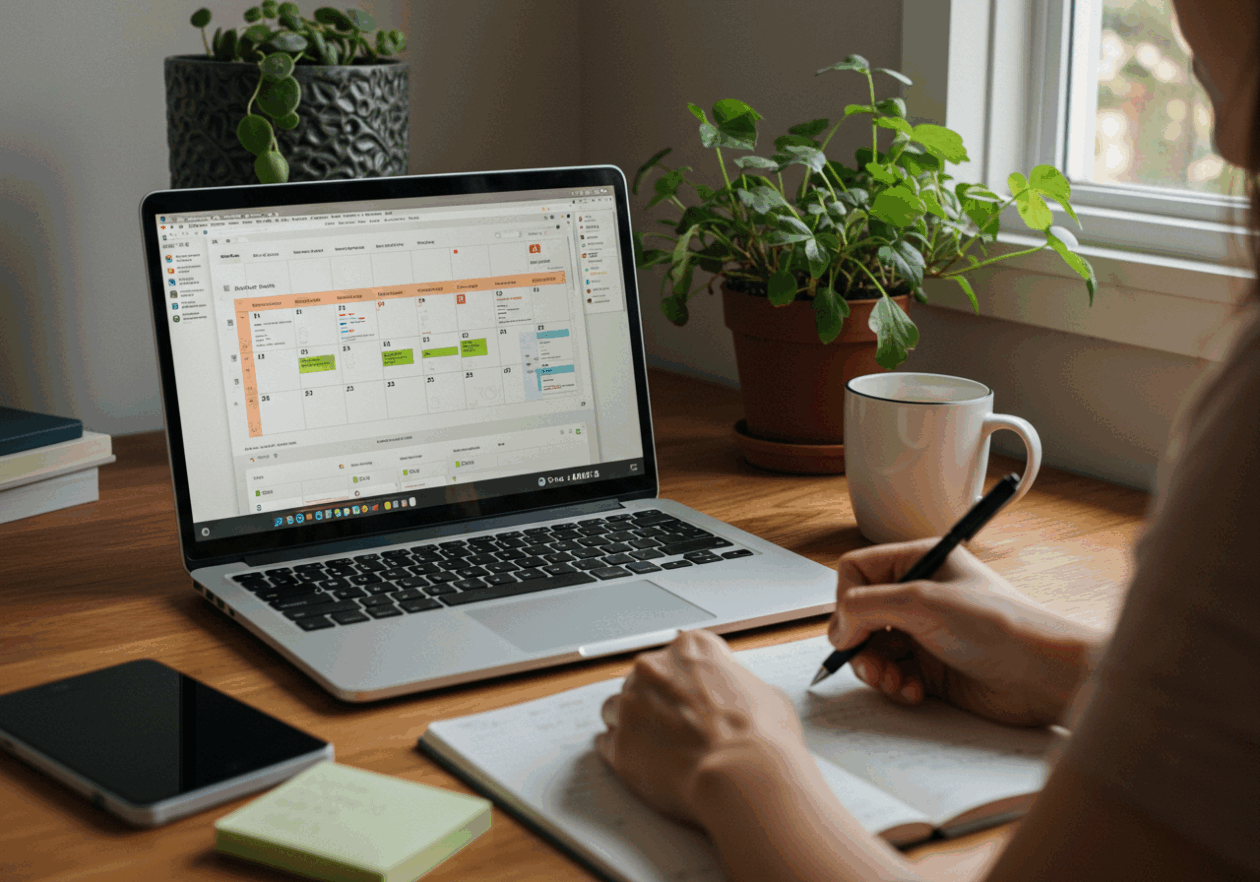 A person working at a desk, looking at a laptop screen displaying Asana's calendar view with organized tasks. The workspace is bright, decorated with plants, and includes a notepad and coffee mug, reflecting a productive planning environment.