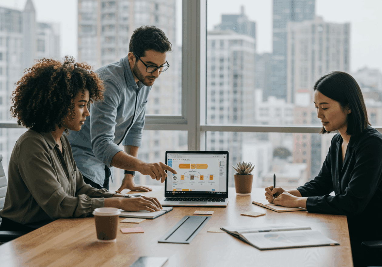 Three professionals collaborating in a modern office. A woman with curly hair types on a laptop showing the Asana interface, while a man points at the screen, and a woman of Asian descent takes notes. Large windows in the background reveal a city skyline, enhancing the working environment.