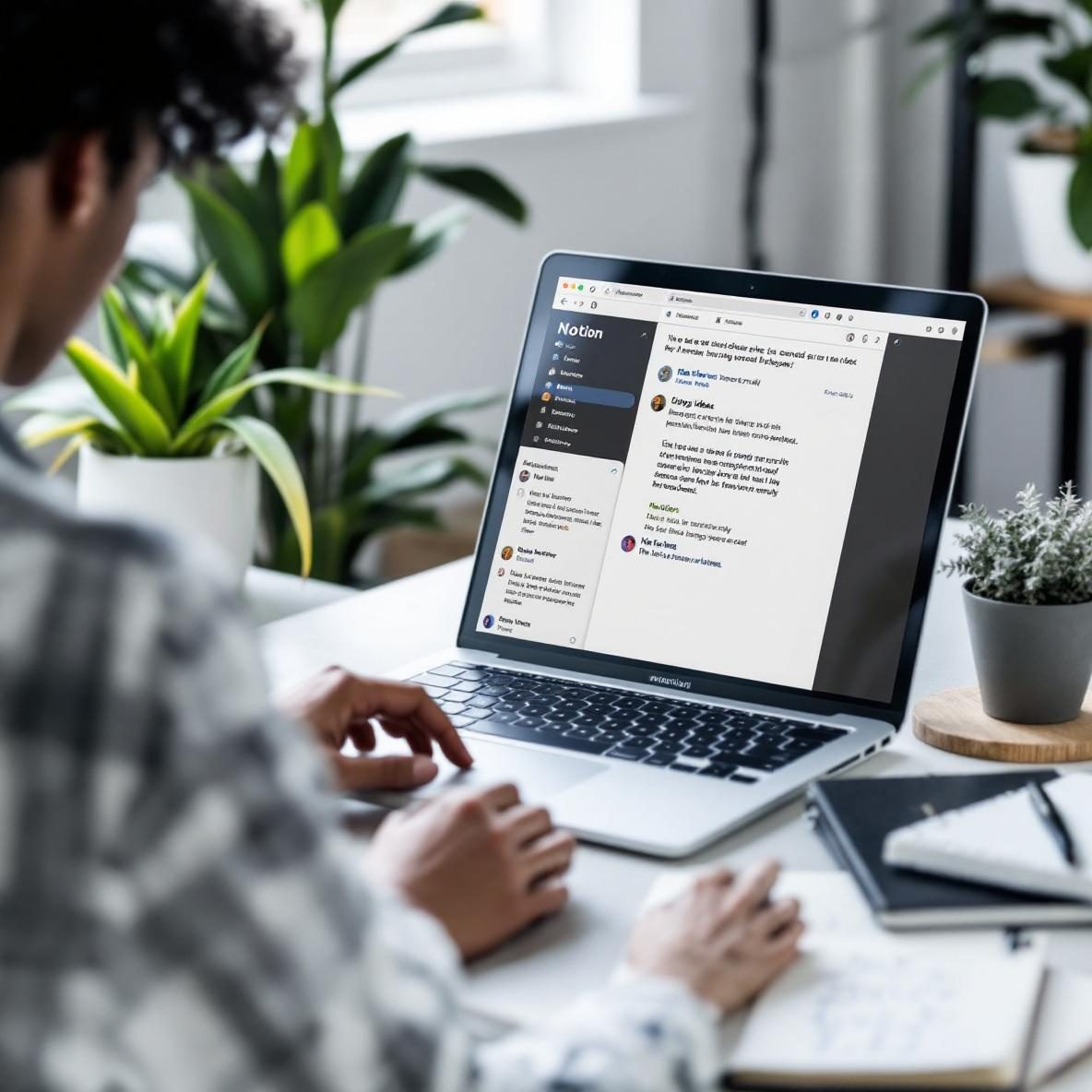 A person working at a sleek desk, intently capturing blog ideas from an email into Notion on their laptop. The email is visible on the screen, and there are plants and handwritten notes in the surrounding workspace, highlighting a creative and organized atmosphere.