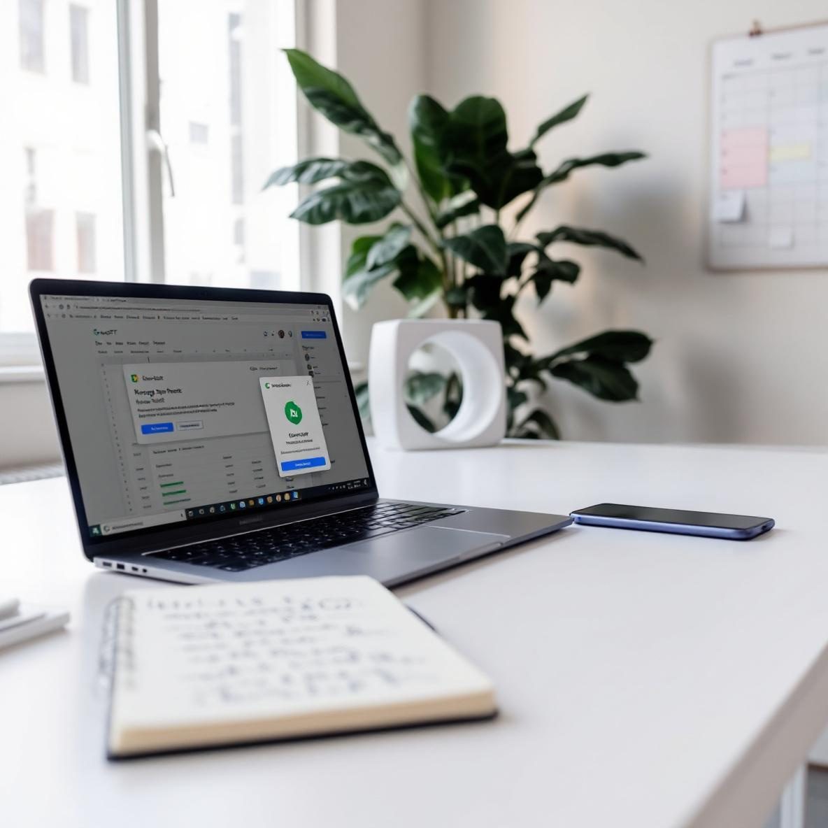 A modern office desk setup with a laptop running Google Sheets for automating weekly reports. A notepad with notes and a smartphone with ChatGPT notifications are on the desk, illuminated by natural light from a window. A wall calendar highlights deadlines, while a potted plant decorates the workspace.