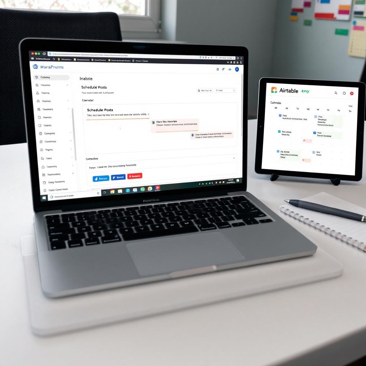 A modern office desk featuring a laptop displaying the WordPress dashboard and a tablet showing Airtable's calendar. The scene is brightly lit by natural sunlight coming through a window, enhancing the productivity vibe of the workspace.