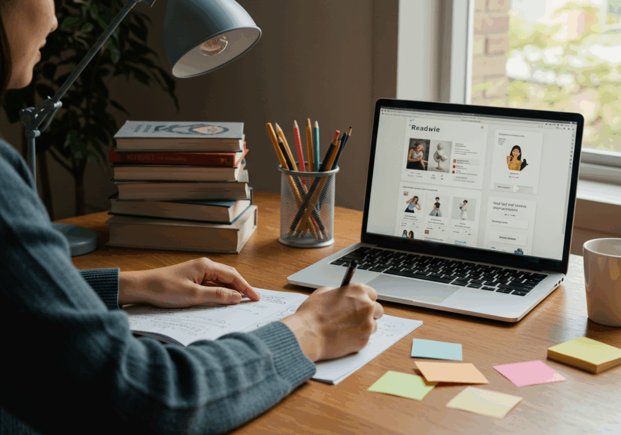 A person sitting at a desk with books and a laptop open to the Readwise highlights page, taking notes for writing prompts on paper, surrounded by a bright and organized workspace.