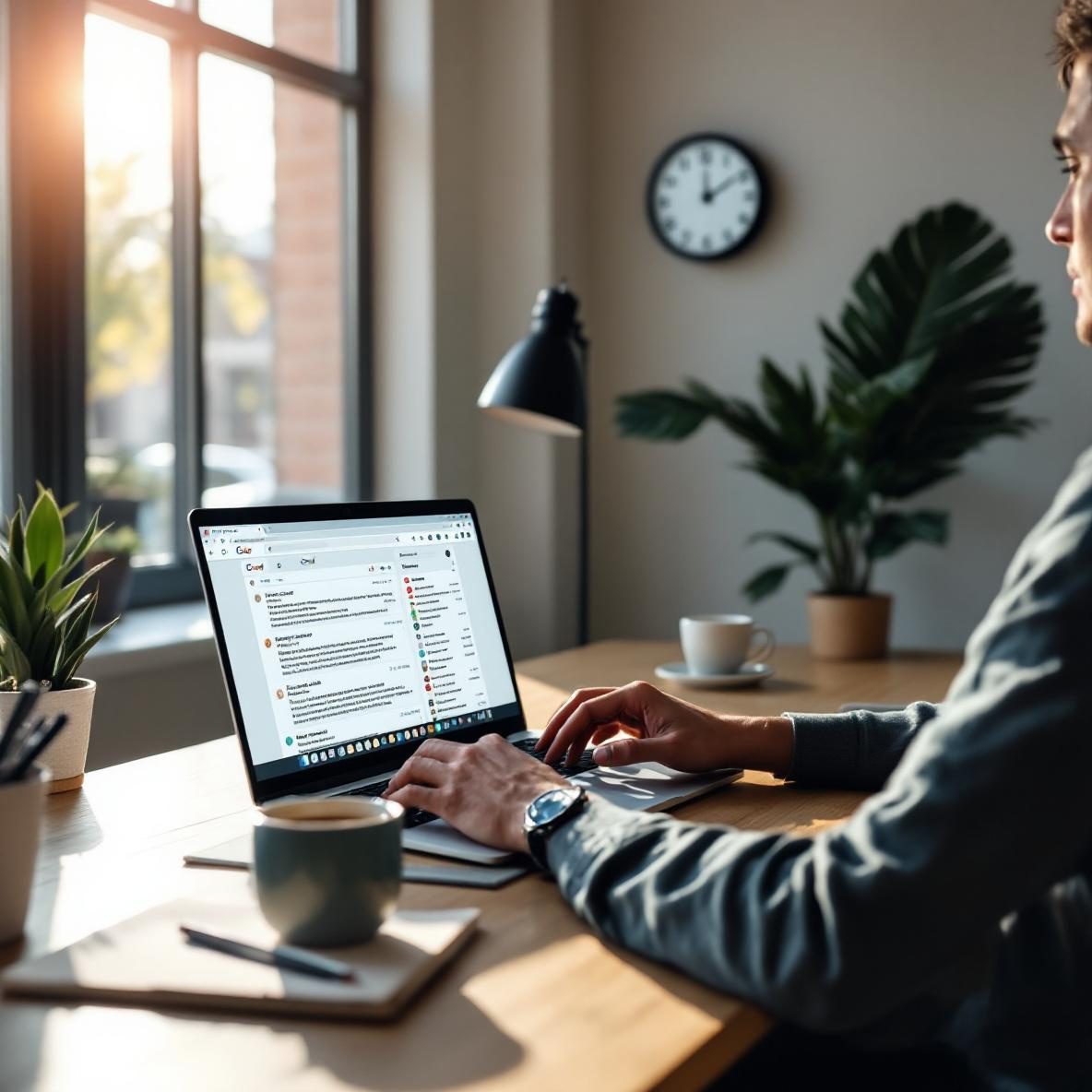 A young professional is seated at a desk, diligently typing email responses on their laptop displaying the Gmail interface. The workspace is well-lit with natural light, and various email threads are visible on the screen, showcasing an active email management session.