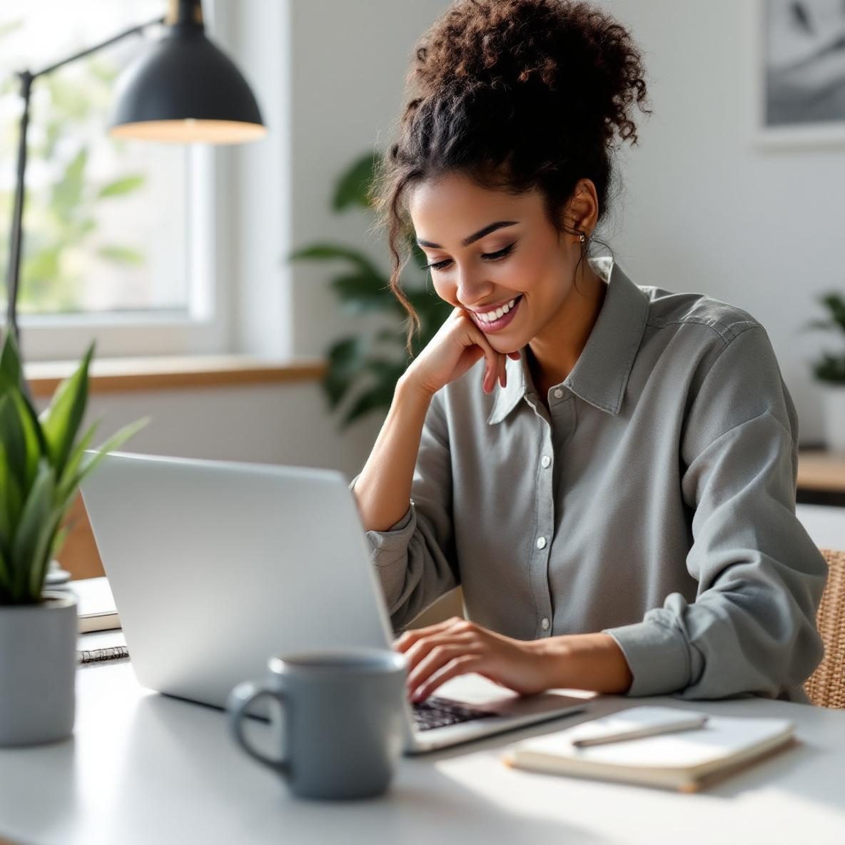 A person sitting at a tidy desk in a home office, working intently on a laptop that displays the interface of Chrome distraction-blocking extensions. Natural light floods the space, enhancing the sense of focus and productivity.