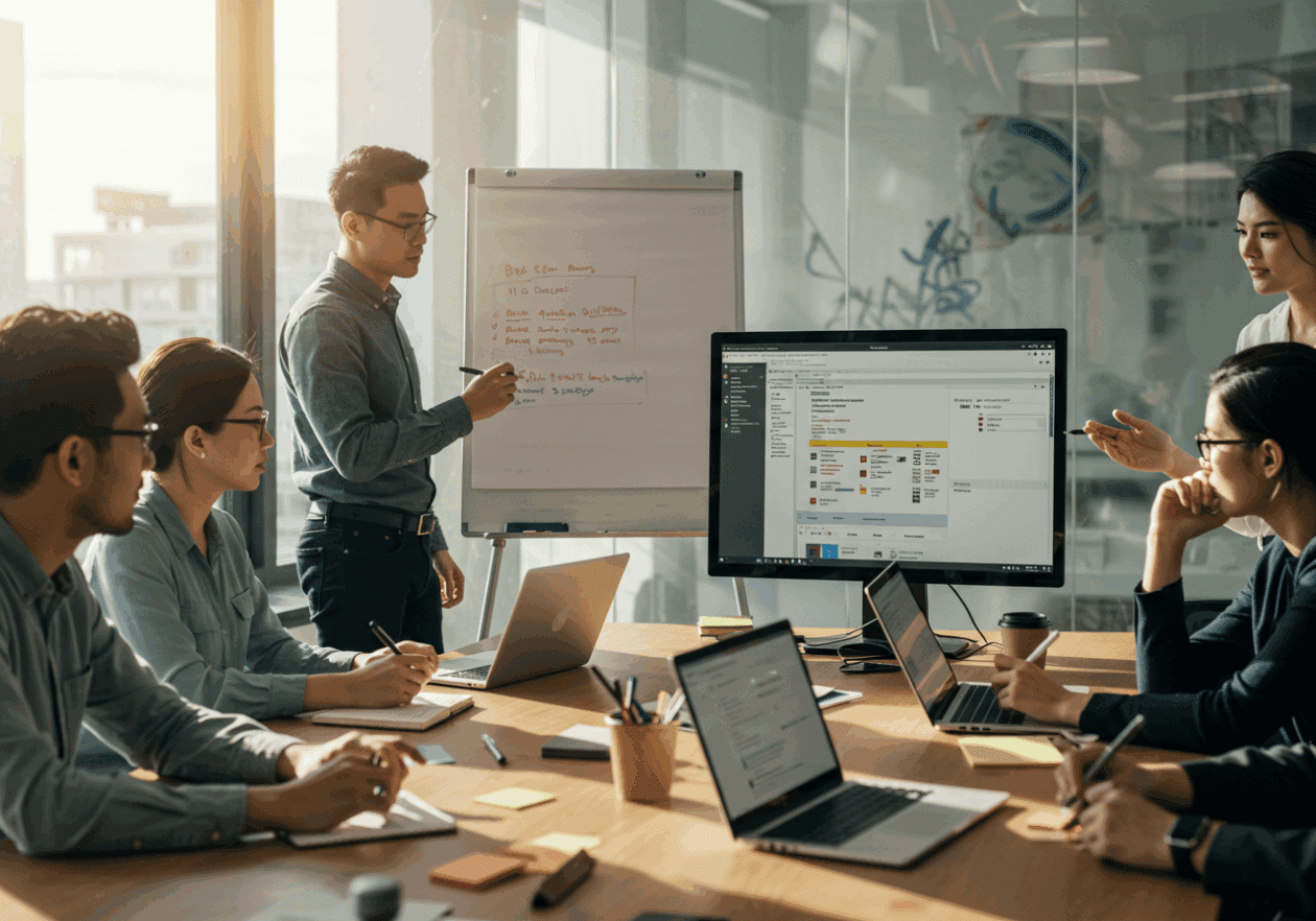 A diverse group of software developers actively collaborating in a bright office, with one person illustrating a bug tracking system on a glass whiteboard. Laptops are open displaying a dashboard of a bug tracking tool like Jira, showing team member assignments and bug statuses.