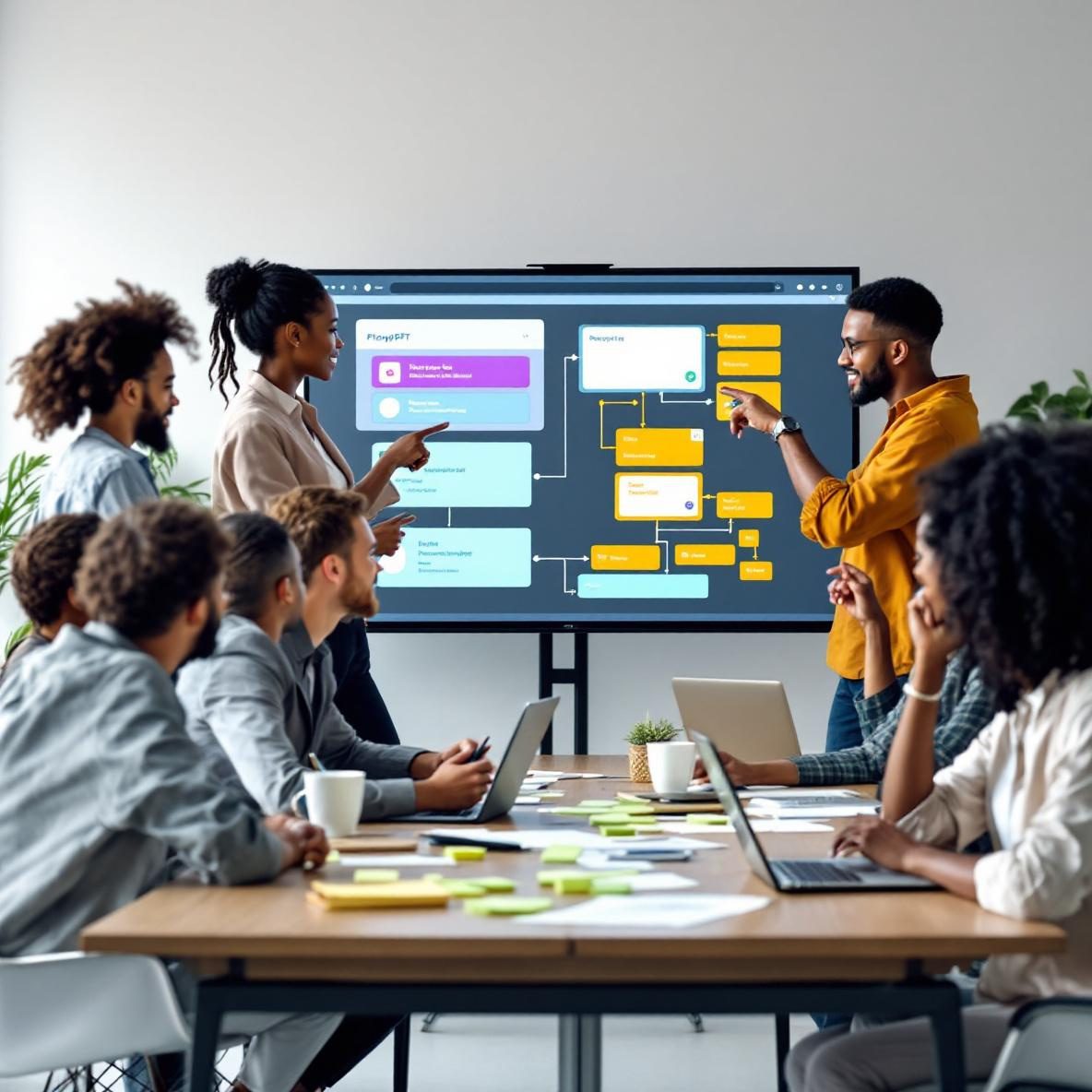 A diverse group of professionals in a contemporary office setting, actively discussing and collaborating over the FlowGPT interface displayed on a large screen. The atmosphere reflects teamwork and creativity, with various tools like laptops and sticky notes visible in the workspace.