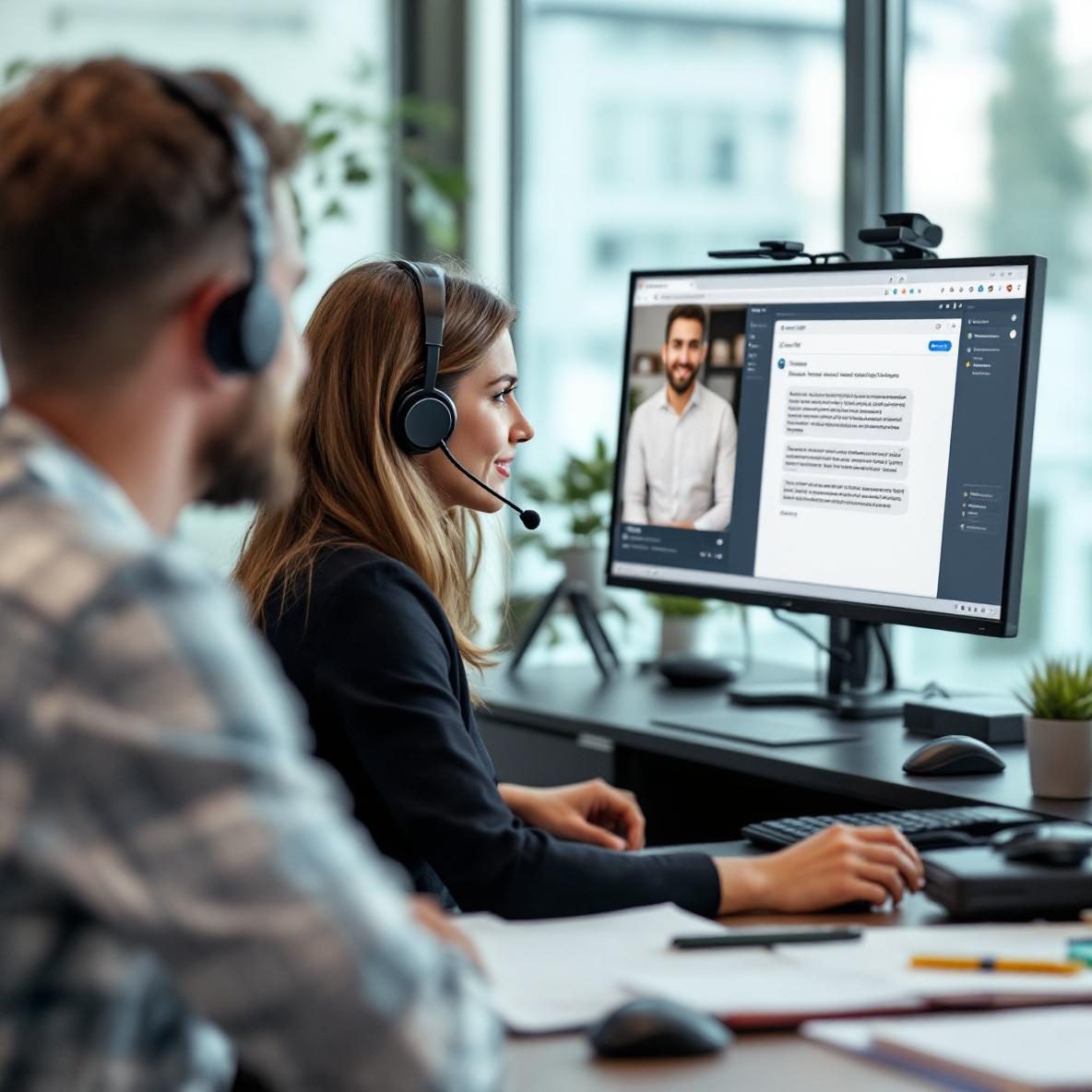 A customer support agent engaged in a conversation via headset, with a computer screen showcasing a ChatGPT interface for drafting responses. The environment illustrates a modern office setting with bright natural light and an organized desk filled with notes, highlighting the use of AI in customer support.