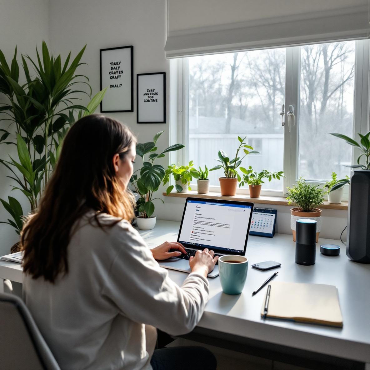 A person in a contemporary home office setting, sitting at a desk with a laptop open to an email drafting interface. The workspace includes notepads, a coffee cup, and a calendar, with sunlight streaming through a window and plants in the background, showcasing a daily email drafting routine.