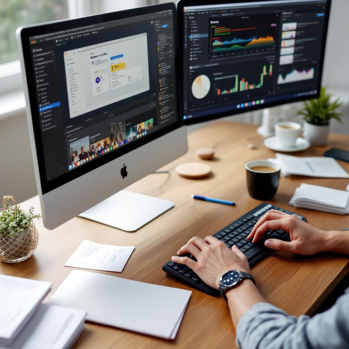 A person working at a modern desk with two computer screens showing the interfaces of Reflect and Ghost. Papers and a coffee cup are visible, illustrating a dynamic and creative workspace filled with natural light.