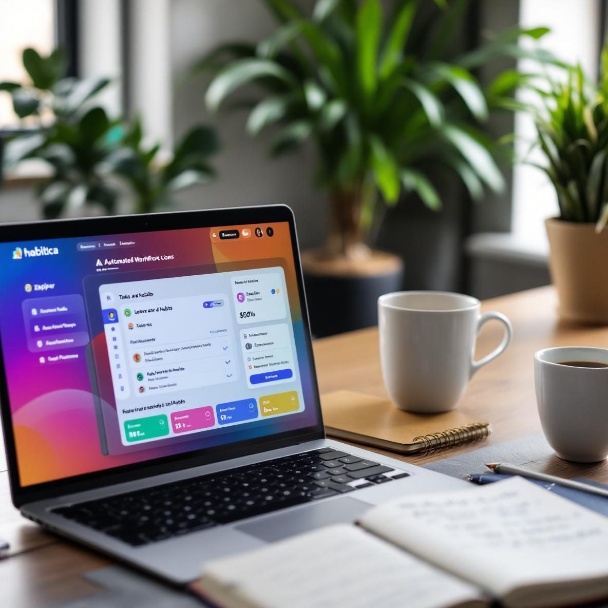 A modern workspace with a laptop showing the Habitica dashboard and a Zapier screen, next to an open notebook and a coffee cup, illuminated by natural light.