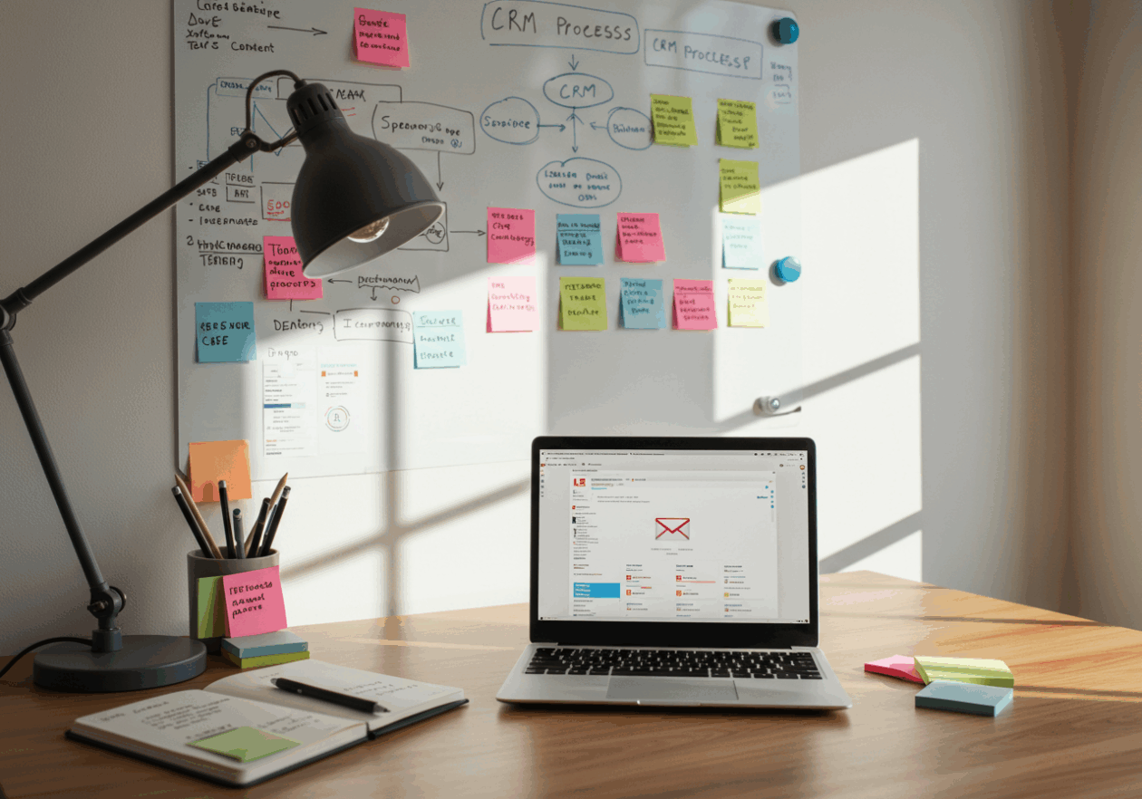 A clean and organized desk in a modern office, showcasing a laptop displaying Gmail. Sticky notes and a notebook with CRM notes are visible, and a whiteboard filled with flowcharts hangs on the wall. The scene is bright and inviting, highlighting a focused workspace for personal CRM development.