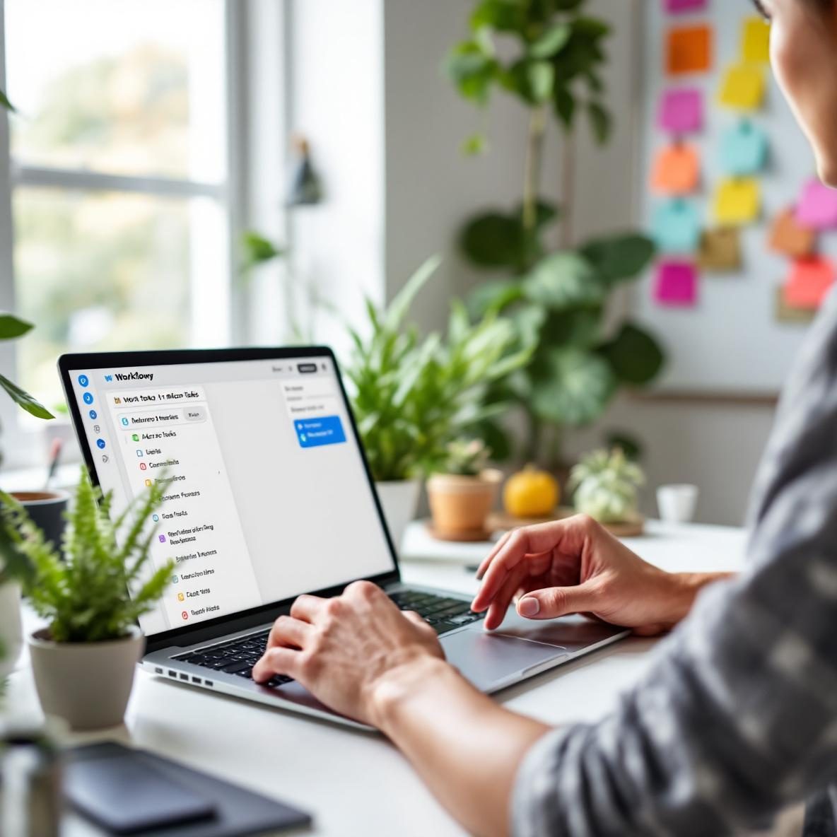 A person at a modern desk engaged in capturing micro tasks in Workflowy on their laptop while using their smartphone simultaneously. The workspace is bright and organized, with potted plants and a whiteboard filled with colorful sticky notes in the background.
