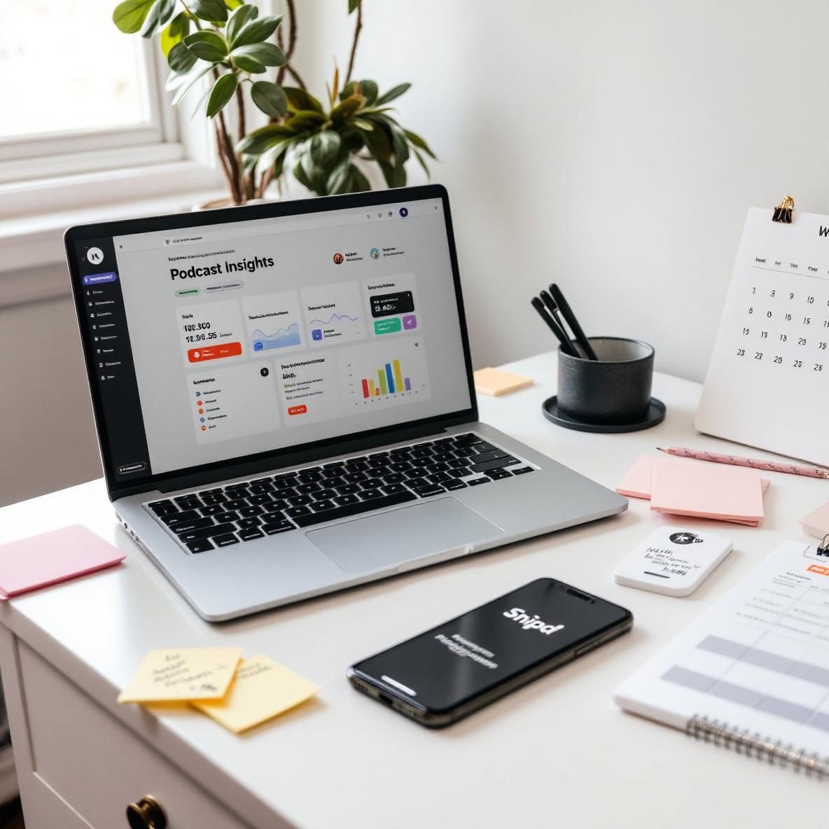 A cozy home office scene with a laptop showing a Notion dashboard for podcast insights, alongside sticky notes and a smartphone with the Snipd app. Sunlight fills the room, enhancing the inviting atmosphere.