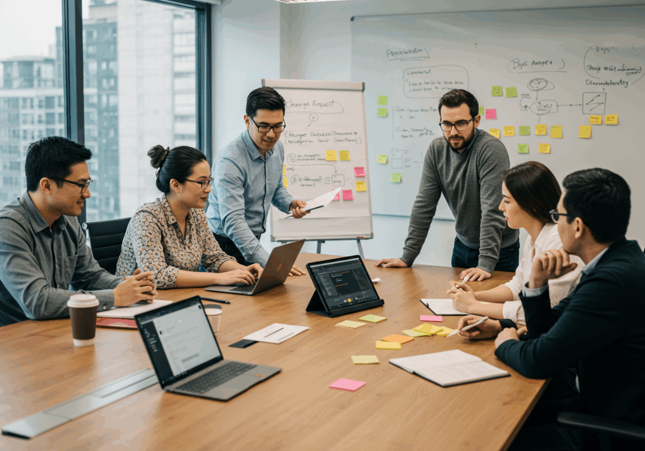 A diverse group of Agile developers collaborating around a conference table, discussing change requests with a digital tablet displaying project management software. Sticky notes and flowcharts decorate a whiteboard in a bright, inviting office space.