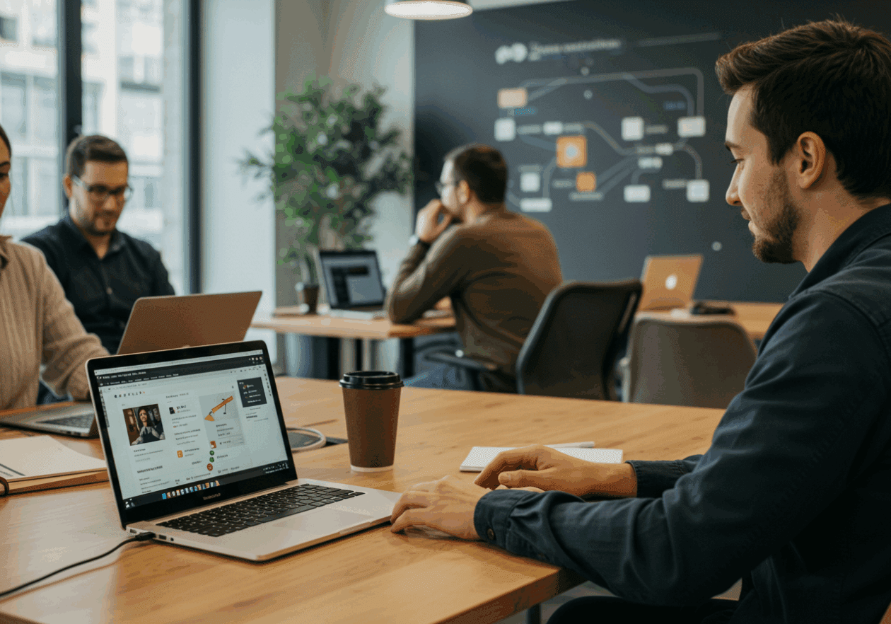 A lively coworking space where diverse professionals engage in collaboration. One person is intently using a laptop with ChatGPT open on their screen for generating social media captions, while another is analyzing a workflow chart that shows app integrations like Slack and Trello. The modern, well-lit environment features stylish furniture and greenery.