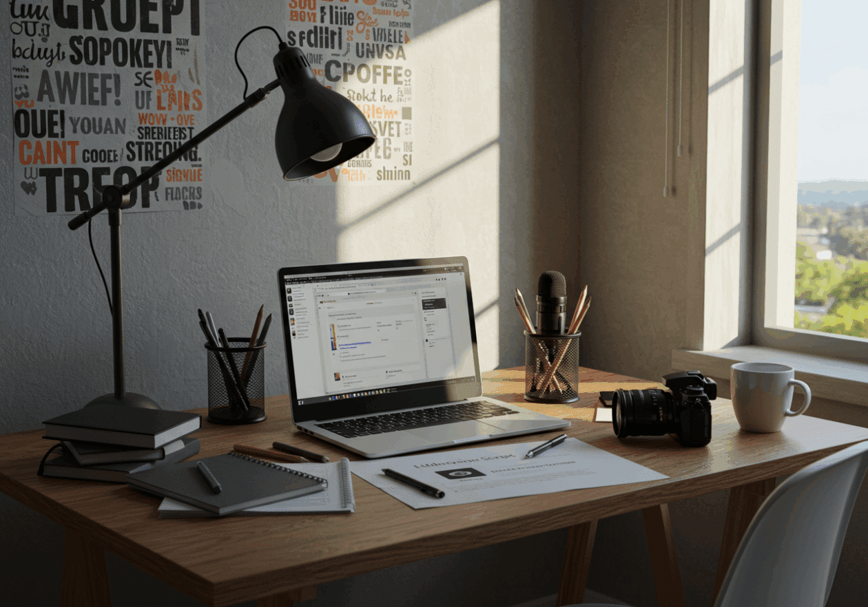 A content creator at a modern desk works intently on writing a video script, with a laptop displaying prompts, surrounded by writing tools and a coffee mug. The room is filled with natural light and has a wall decorated with inspirational quotes about storytelling.