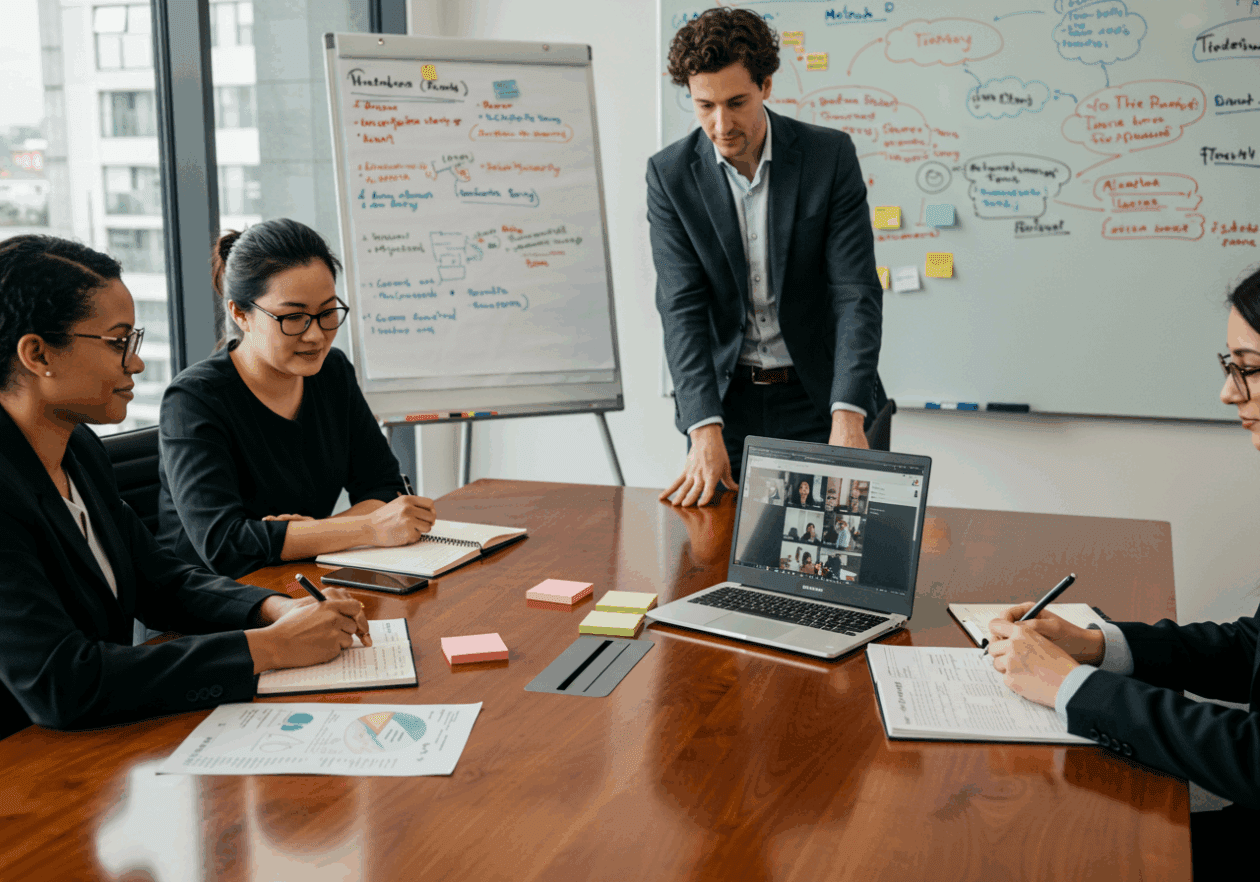 A diverse group of three business professionals in a modern conference room, actively summarizing meeting notes. One person is using a laptop, while another is writing notes on a notepad, surrounded by printed documents and a whiteboard full of discussion points. The room is bright with large windows, capturing a collaborative work environment.