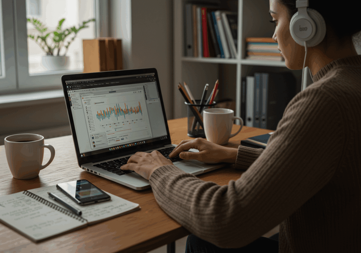 A person in a home office, wearing headphones and typing on a laptop while surrounded by a notepad, coffee cup, and a smartphone, illustrating the process of transforming audio transcripts into blog content.