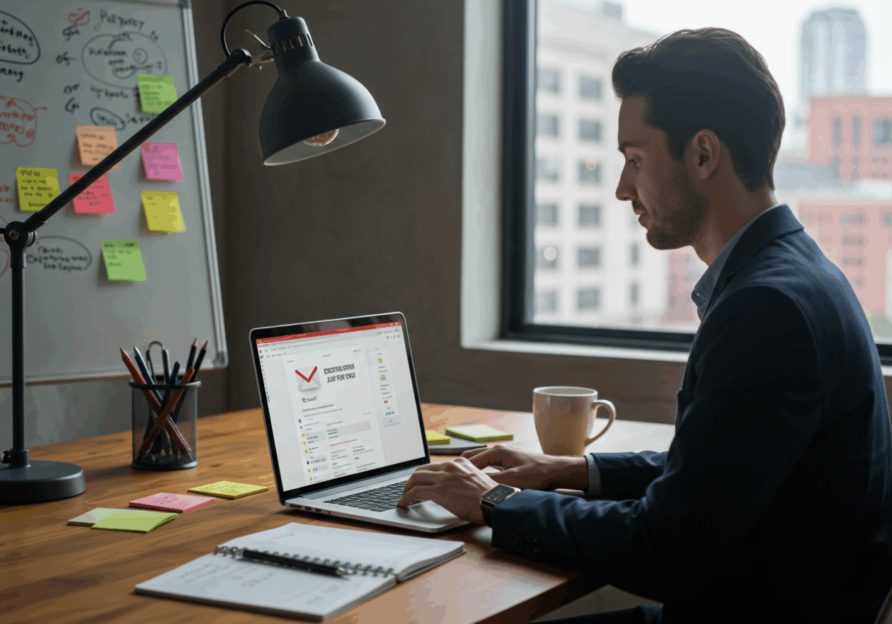 A professional sitting at a modern desk, typing a persuasive sales email on a laptop, surrounded by stationery and a coffee cup, with a window view of a city skyline. The laptop screen displays the Gmail interface with an email draft titled 'Exciting Offer Just for You!', and a whiteboard in the background outlines sales strategies.