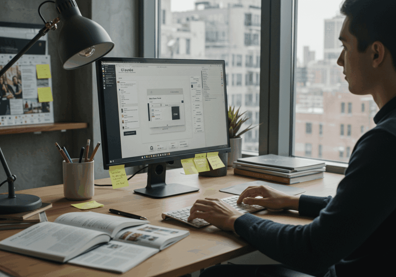 A modern office workspace with a young professional typing on a computer displaying Claude's UI for complex content generation. The desk has notes and open books, and a city skyline is visible through a large window, creating a productive atmosphere.
