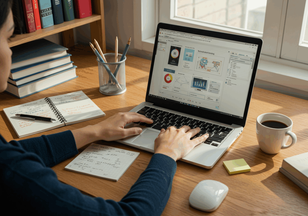 A person seated at a desk, focused on drafting a technical article on a laptop. The screen displays a writing software interface while the desk holds a notepad with notes and a cup of coffee. The workspace is bright with natural light and features books on writing and technology.