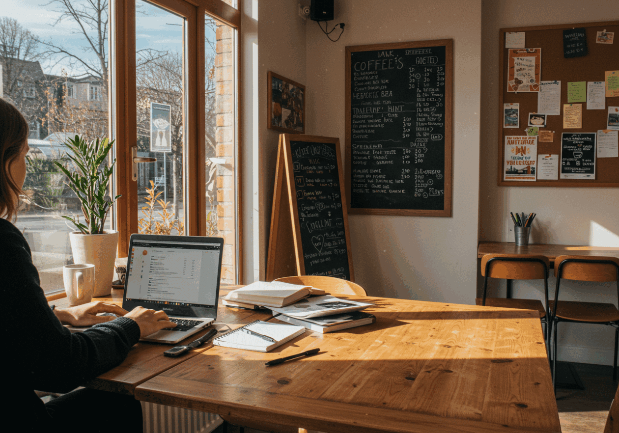 A person working on a laptop at a wooden table in a warm coffee shop, surrounded by notebooks and a steaming cup of coffee. Sunlight filters through large windows, creating a cozy ambiance, while a chalkboard menu and a bulletin board filled with flyers add to the inviting atmosphere.