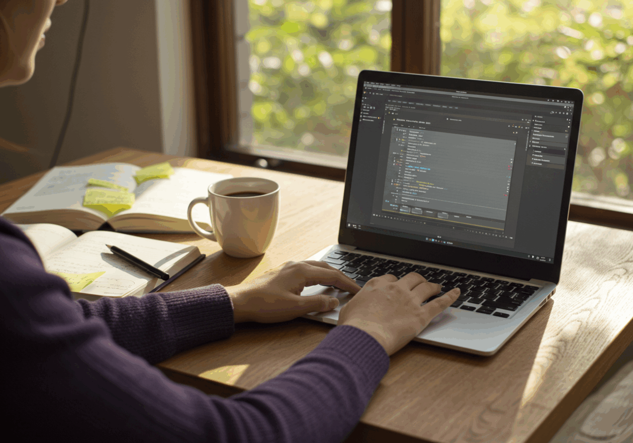 A person concentrating on writing a research summary at a desk filled with books and notes, with a laptop open to a document edit. Sunlight streams through a nearby window, illuminating the workspace.