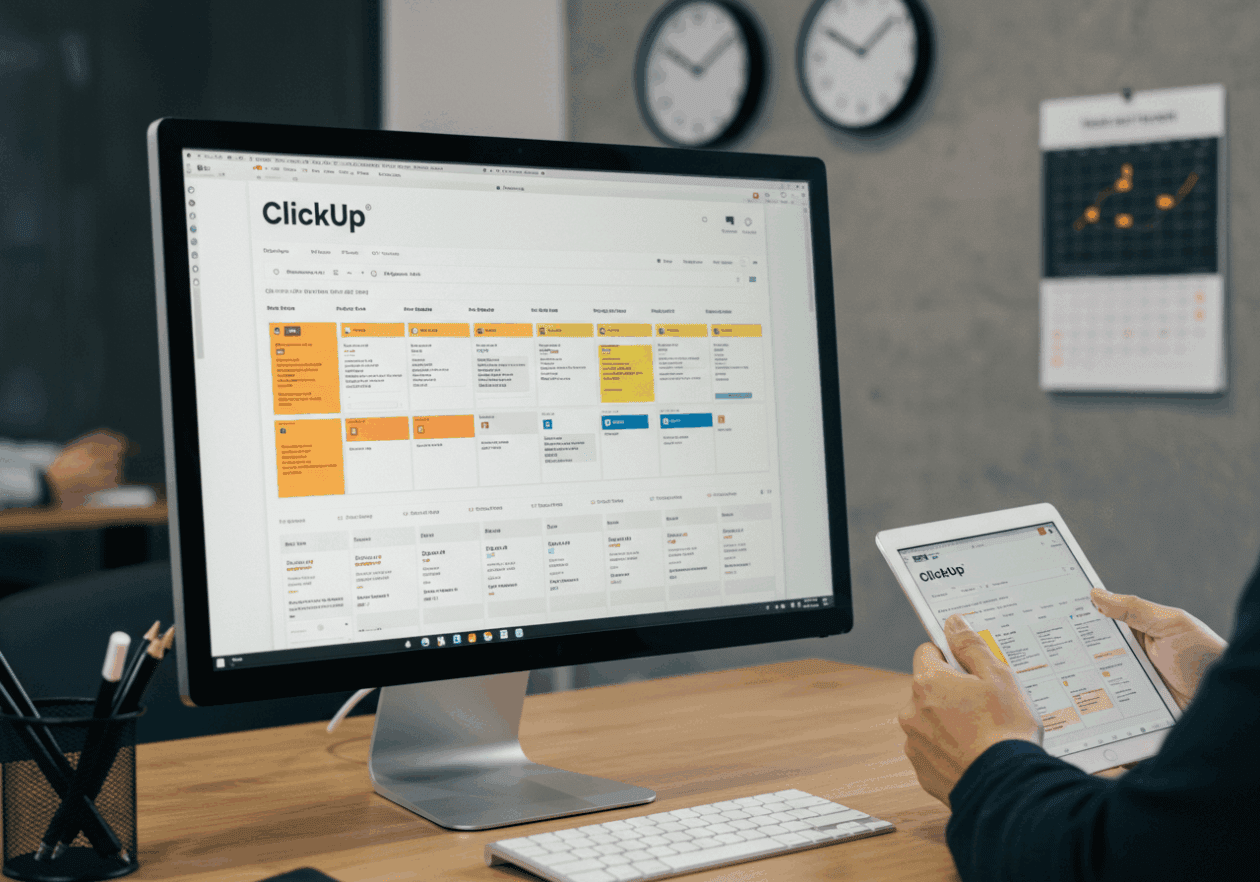 A person checking tasks on a digital tablet while a computer screen shows the ClickUp task management interface with approaching deadlines highlighted. A wall clock and calendar in the background signify the importance of time management and reminders for task deadlines.