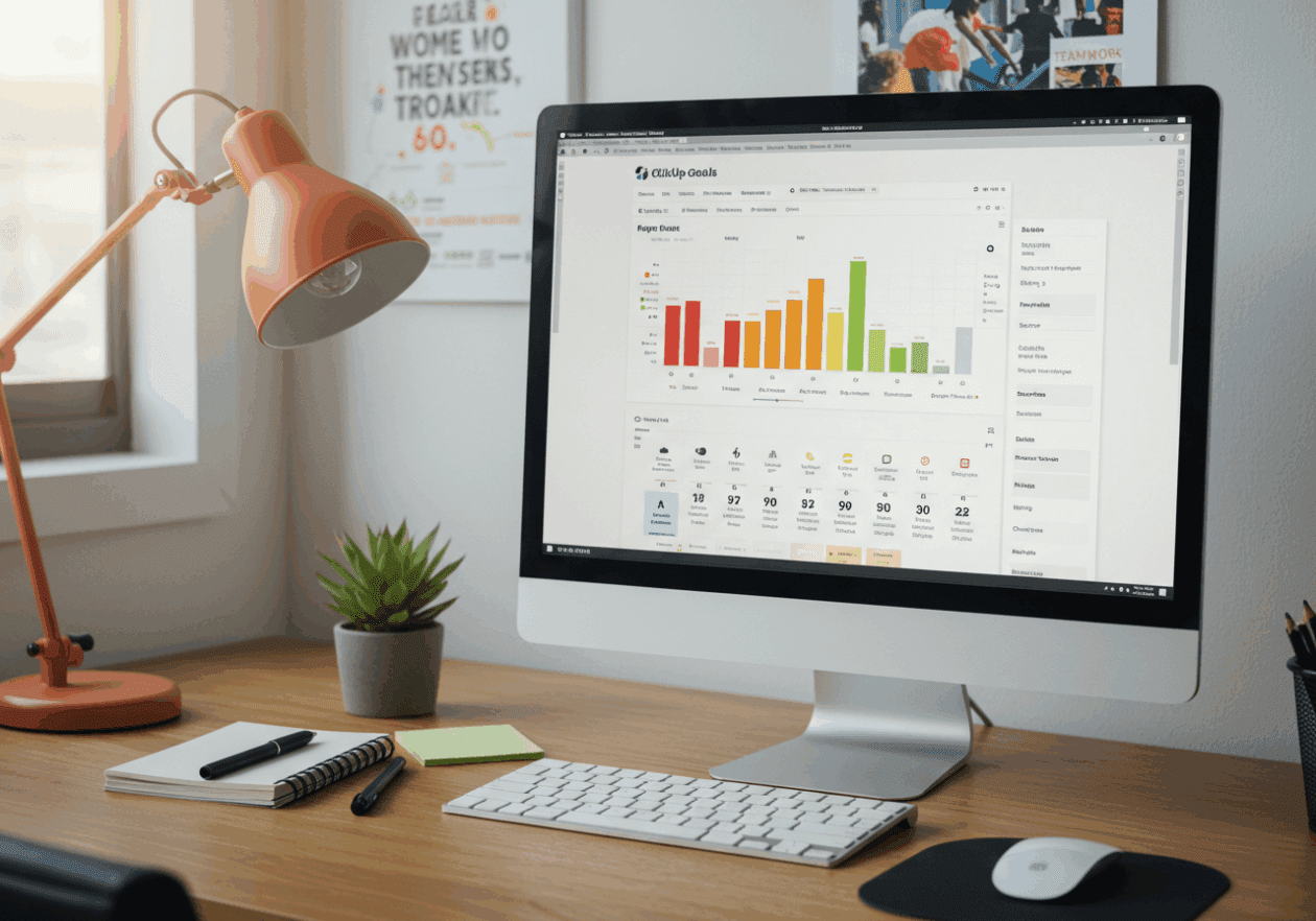 An office desk with a computer screen displaying the ClickUp Goals feature, illustrating team progress tracking. A notepad and pen are present next to the keyboard, and a motivational poster about teamwork is on the wall, creating a productive atmosphere.