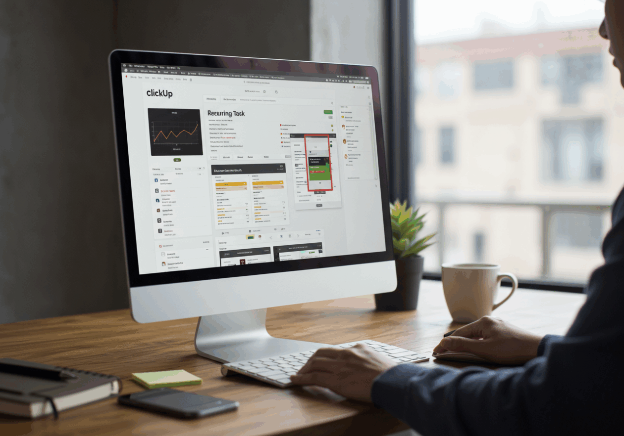 A person working at a desk in a bright office, looking at a computer screen displaying the ClickUp project management tool with a focus on the Recurring Task automation feature, illustrating the concept of time-saving automation in task management.