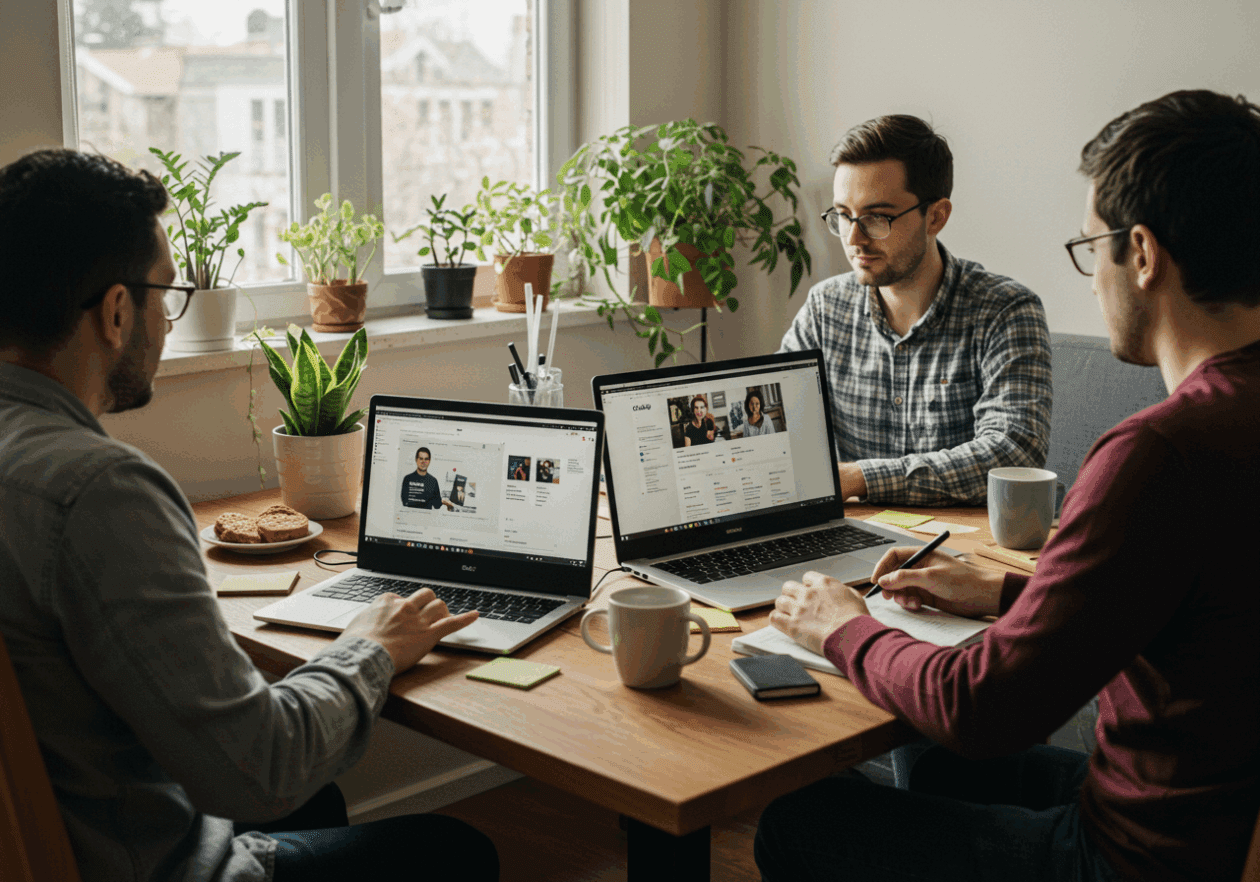 A small remote team in a home office, with three people engaged in work using ClickUp on their laptops. One person is on a video call, while another takes notes, surrounded by a bright, plant-filled room that conveys a collaborative work atmosphere.