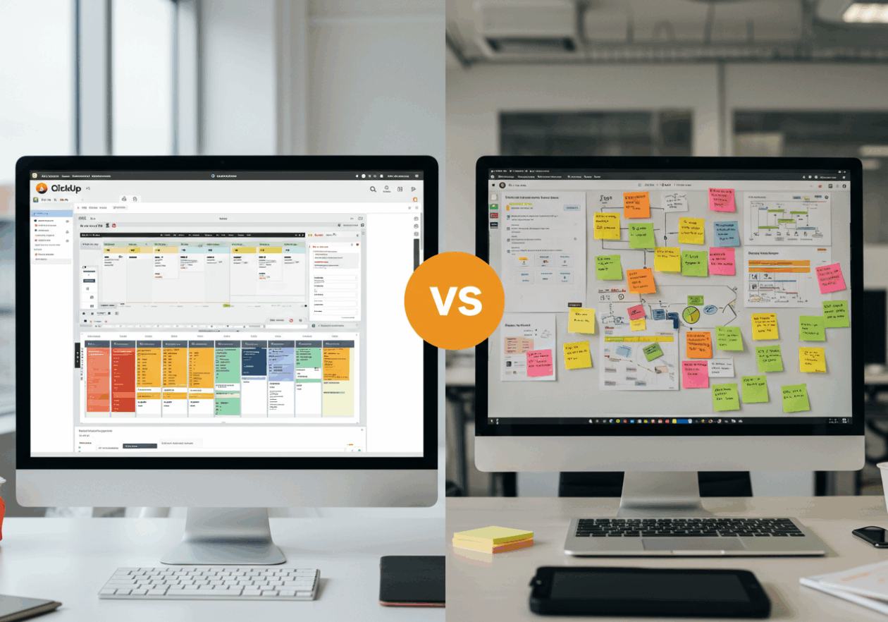 A split view of ClickUp Whiteboard on the left showcasing colorful task cards and timelines, and Miro on the right displaying sticky notes and flowcharts, set in a modern office environment with laptops and tablets.