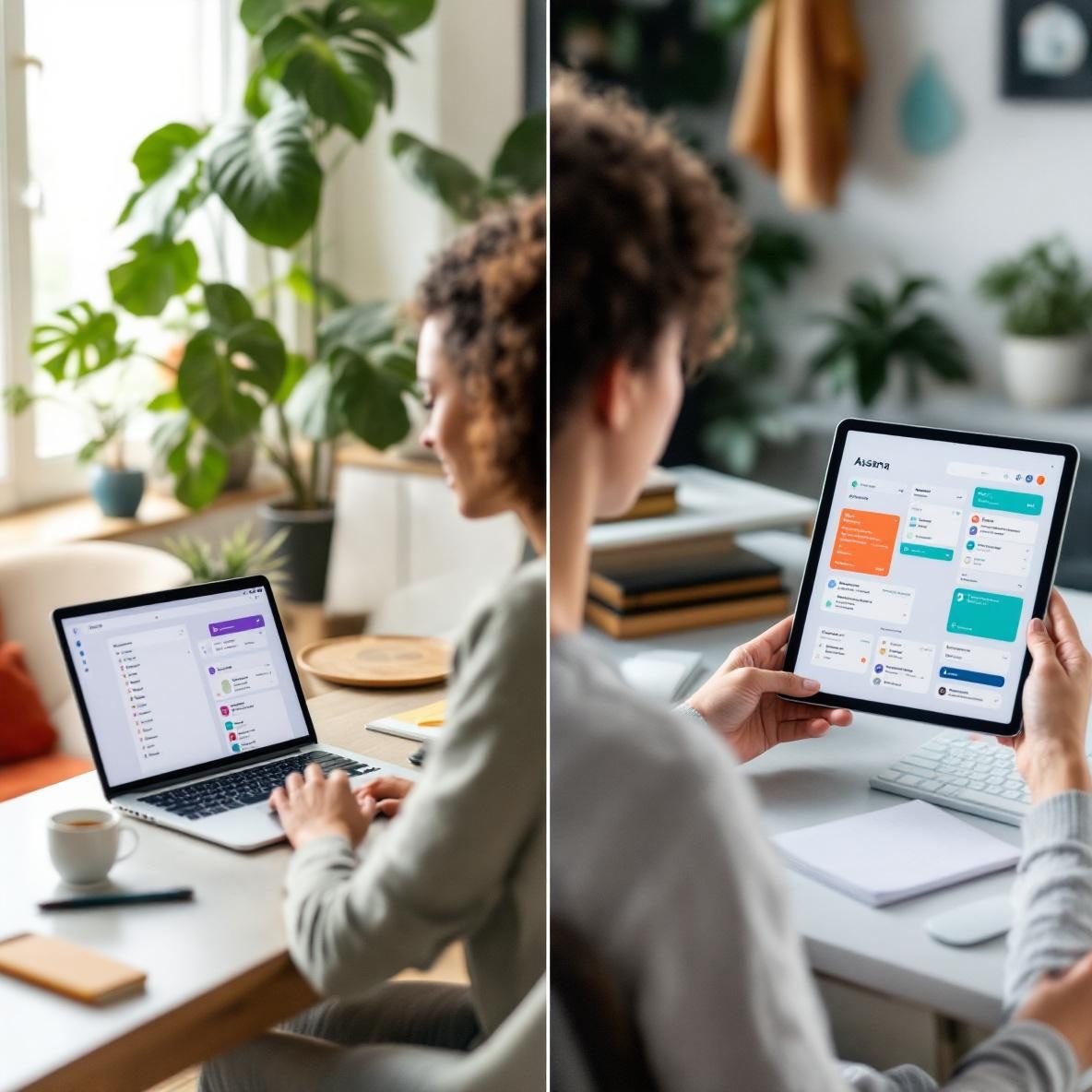 A split-screen image featuring a freelancer using ClickUp on a laptop with an organized task list on the screen, and another freelancer working with Asana on a tablet displaying a colorful project board, both set in a bright and inviting home office.