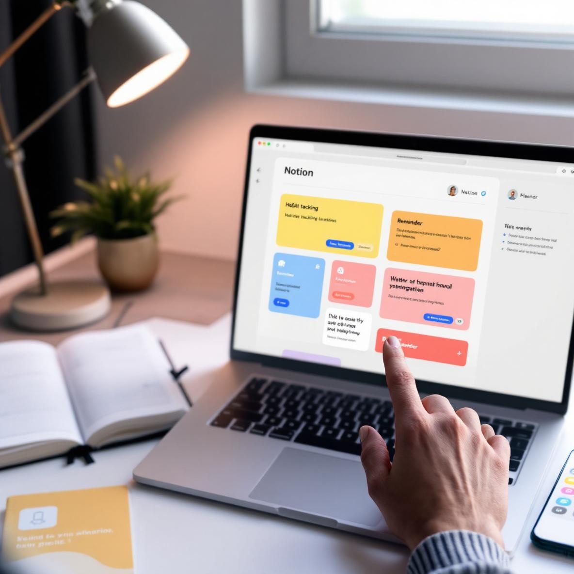 A person's hand about to click on colorful habit tracking buttons within the Notion app on a laptop screen, set on a modern desk next to an open planner and a smartphone showing a notification, conveying the concept of combining digital reminders and habit tracking.