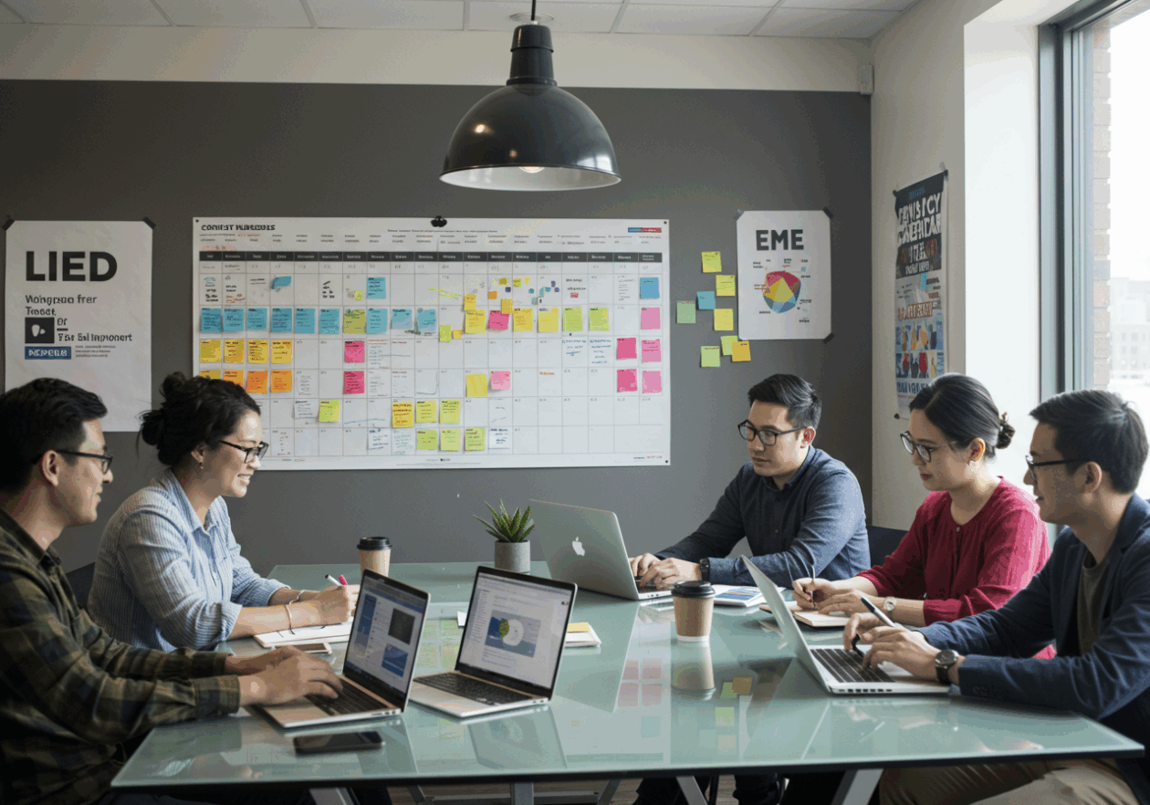 A collaborative office environment with a content calendar filled with sticky notes. Professionals of different backgrounds gather around a glass table, discussing their multi-channel publishing strategy while using laptops showing Trello and Google Calendar on their screens, all set in a well-lit modern workspace.