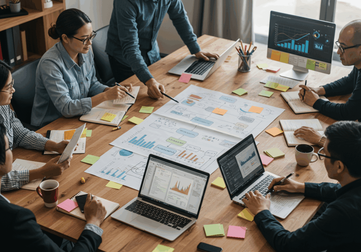 A team of professionals collaborates in a modern office environment, discussing a workflow process with digital devices and flowcharts displayed. The workspace features notes and progress metrics, illustrating a continuous improvement culture.