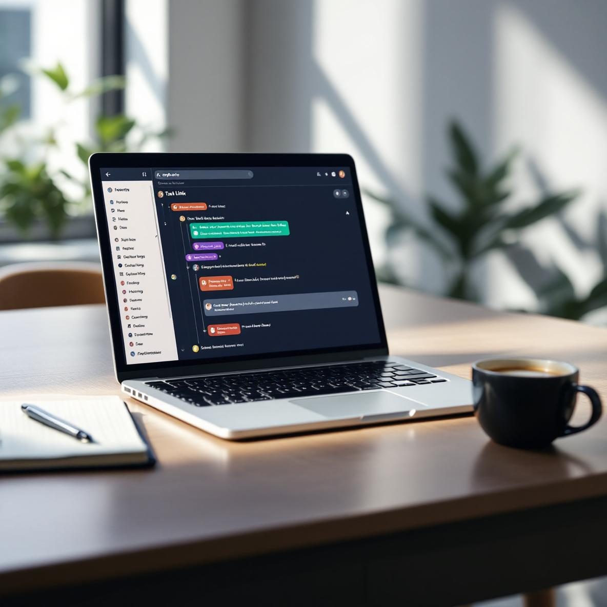 A modern workspace with a laptop displaying the Amplenote app's task linking feature, showing notes and tasks interconnected. A stylish notepad, pen, and coffee cup are on the desk, with natural light streaming in from a window.