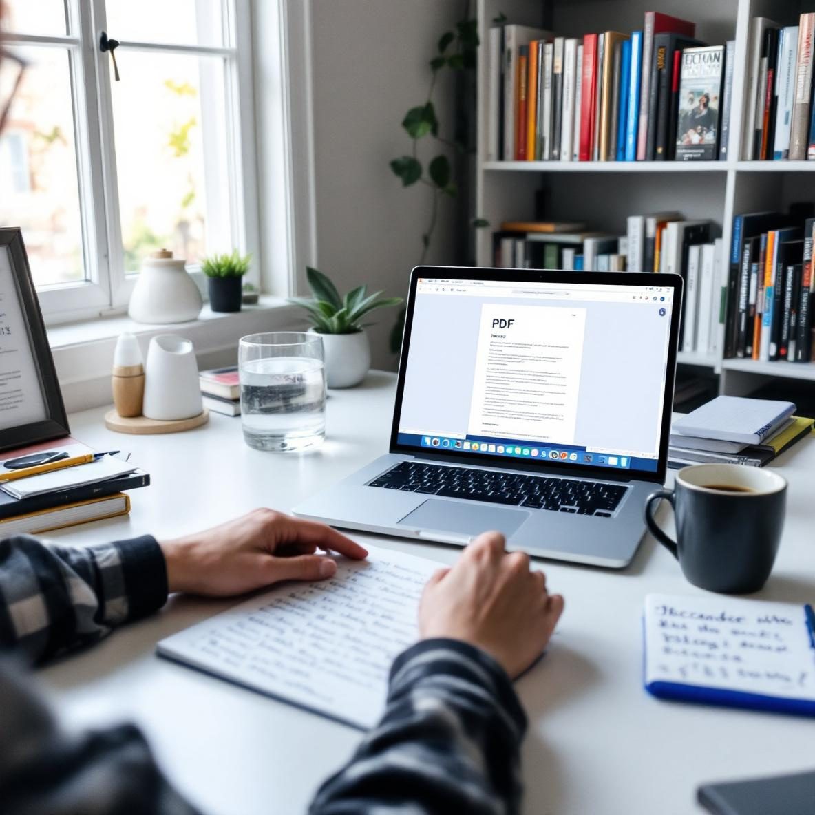 A person sitting at a desk in a home office, working on a laptop displaying a PDF document. A notepad filled with notes and a cup of coffee are nearby, with books on a shelf in the background. The scene reflects the process of converting PDFs into blog drafts in a bright, inviting workspace.