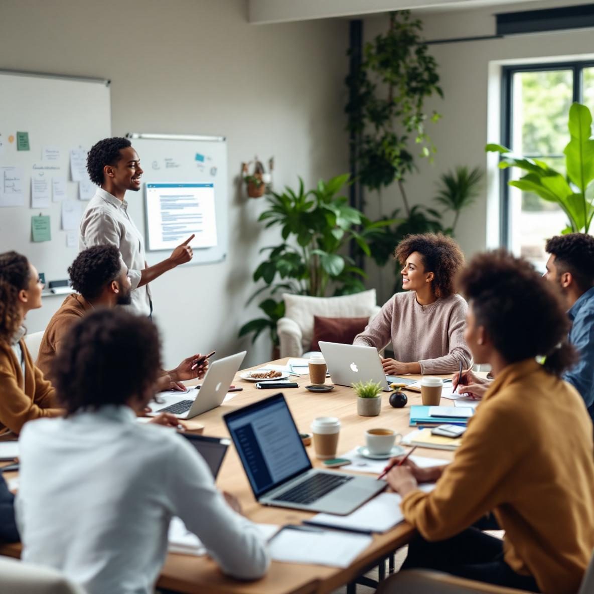 A bright modern office where a diverse team collaborates on a project, featuring one member presenting on a laptop showcasing the Notion interface. Others take notes and discuss around a large table, with greenery and brainstorming boards in the background, illustrating effective teamwork and document collaboration.