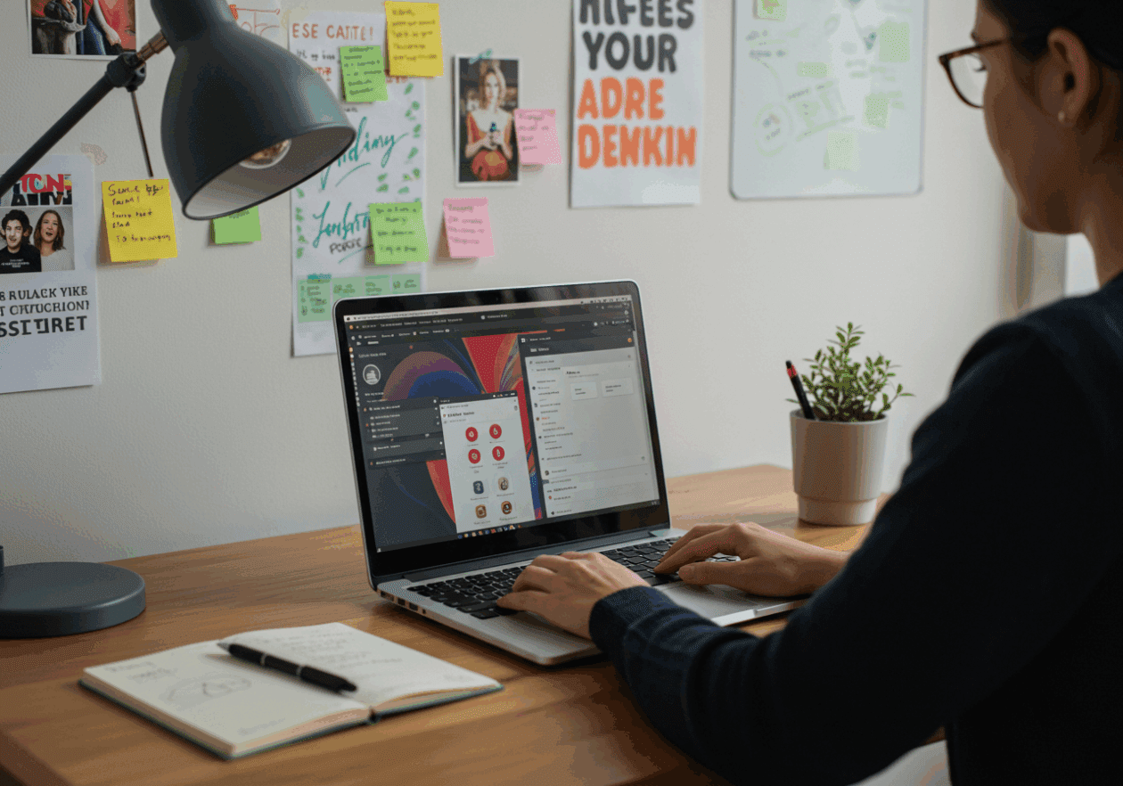 A person engaged in creating ad variations using Jasper on their laptop, sitting in a modern office with notes and a whiteboard in the background, emphasizing real-time collaboration and creativity.