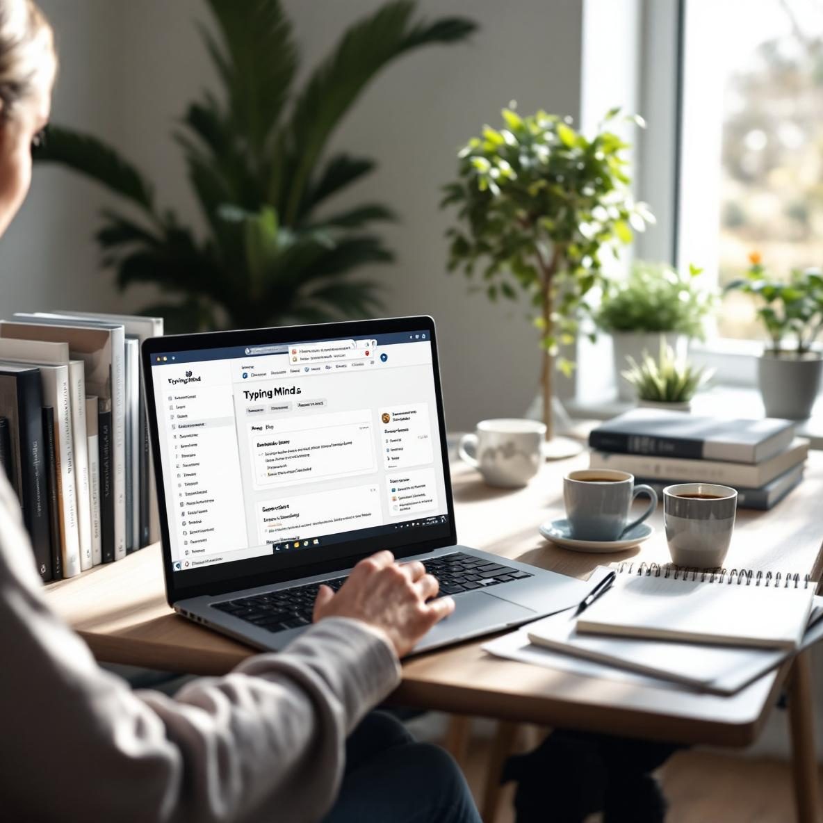 A focused individual at a sleek home office desk, using a laptop displaying TypingMind's interface for blog research. The workspace is filled with books on blogging, a coffee cup, and a notepad, illuminated by natural light from a window.